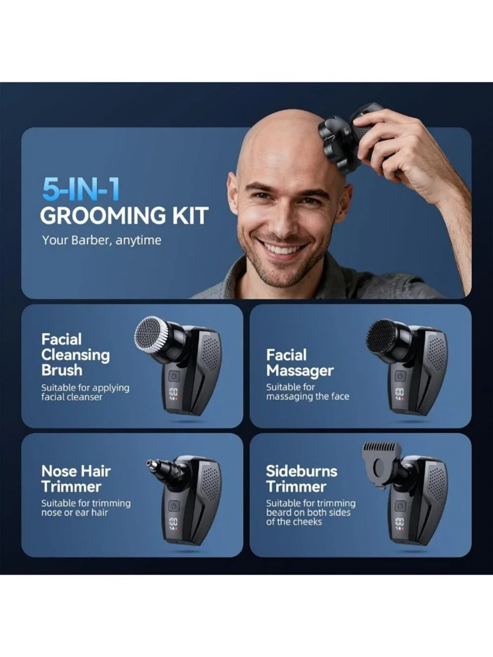 7D Electric Head Shaver for Men, Waterproof & Fast Rechargeable Grooming Kit